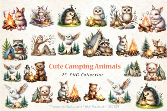 Cute Camping Animals Watercolor Clipart: Elevate Your DIY Projects with High-Resolution Digital Art