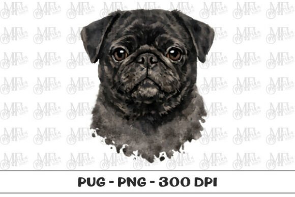 Pug Dog Watercolor Portrait PNG for Crafts