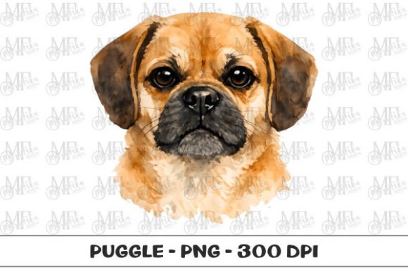 Puggle Dog Watercolor Portrait PNG
