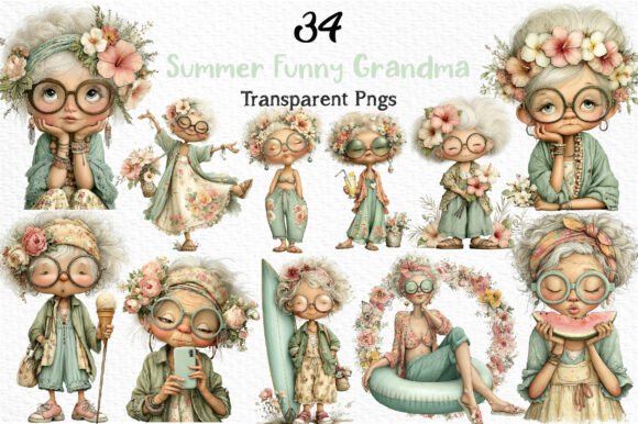 Summer Funny Grandma Clipart PNG Bundle