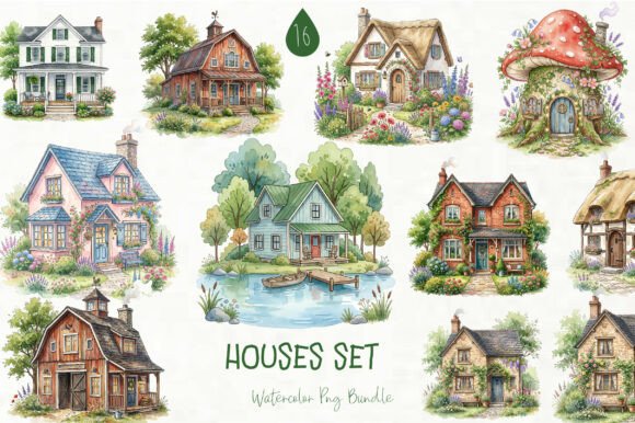 Watercolor Houses Clipart Set