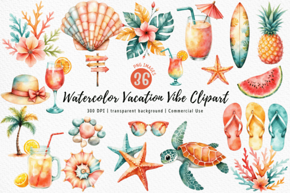 Watercolor Vacation Vibe Clipart PNG